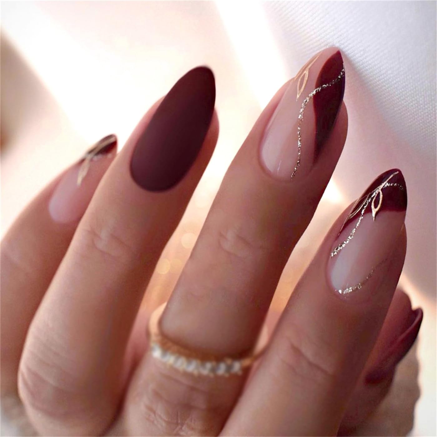 Matte Burgundy with Gold Foil Accents Medium Almond Matte Burgundy with Gold Foil Accents Medium Almond — Winter Acrylic Nail Colors