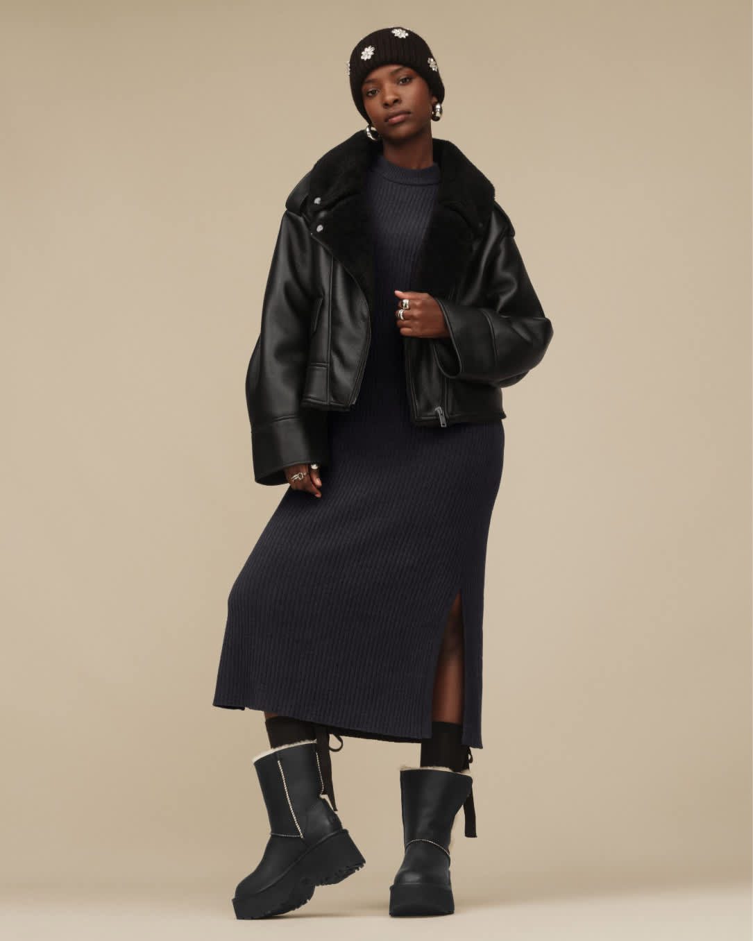 Moto Jacket with Shearling Collar Over Ribbed Dress Moto Jacket with Shearling Collar Over Ribbed Dress — Winter Outfits for Black Girls