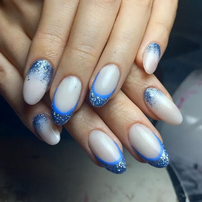 Blue Glitter French Tip Oval Nails — Winter Oval Nails