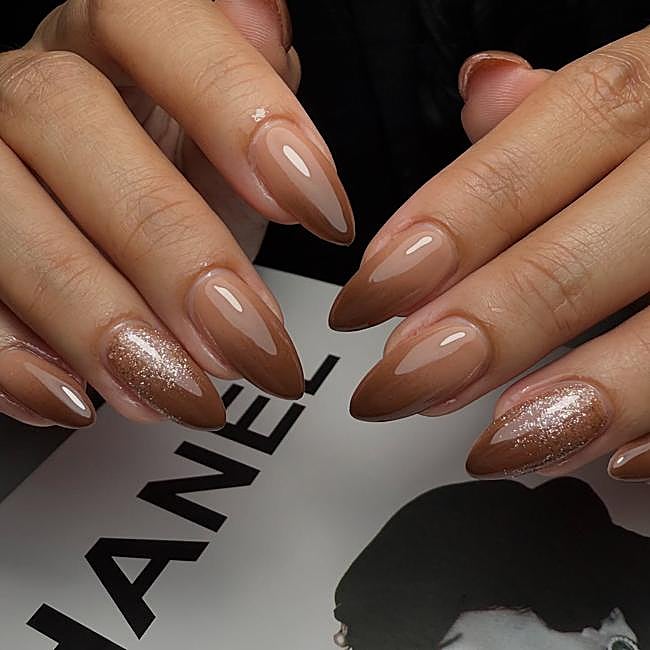 Brown Nude Gradient with Glitter Accent Brown Nude Gradient with Glitter Accent — Winter Nail Colors for Women Over 60