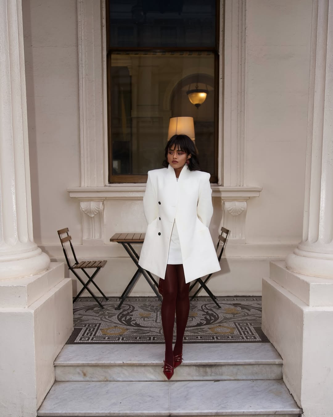Chic Event Look with Burgundy Tights and White Mini Dress Chic Event Look with Burgundy Tights and White Mini Dress — Tights Outfits
