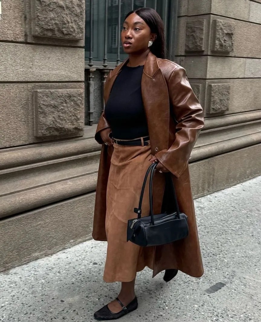 Chocolate Brown Faux Leather Trench Coat with Suede Midi Skirt Chocolate Brown Faux Leather Trench Coat with Suede Midi Skirt — Chocolate Brown Outfits