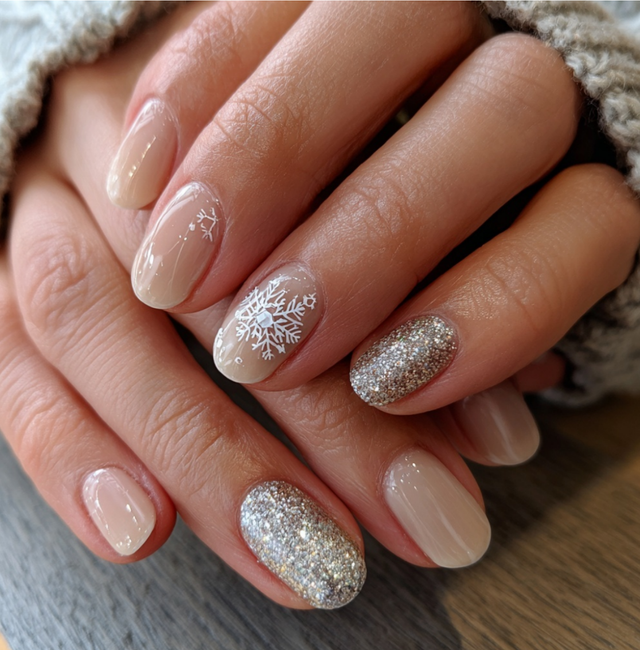 Nude Snowflake and Silver Glitter Nude Snowflake and Silver Glitter — Winter Nail Art