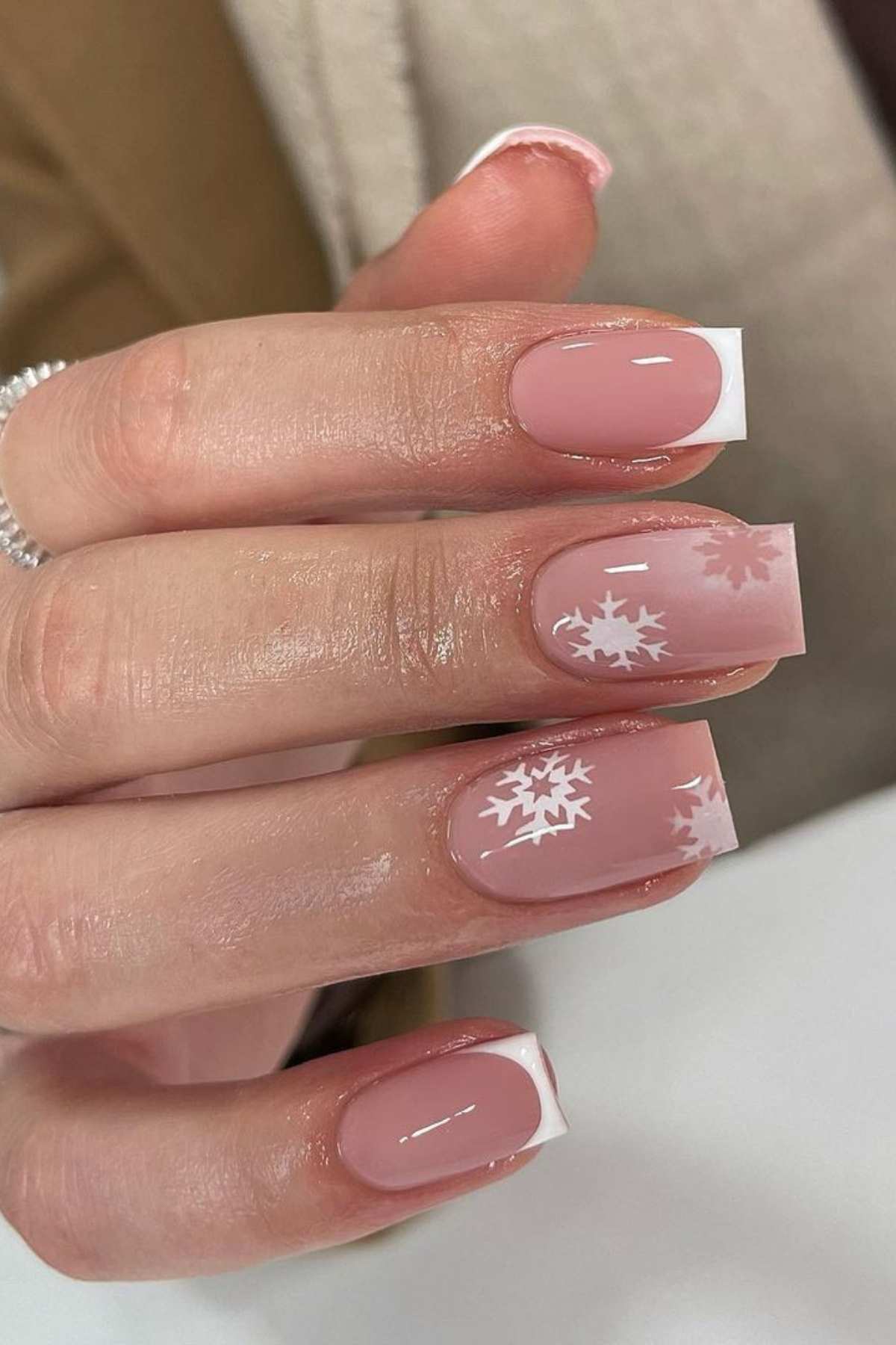 Long Square Pink French with Snowflake Tips — Winter Square Nails
