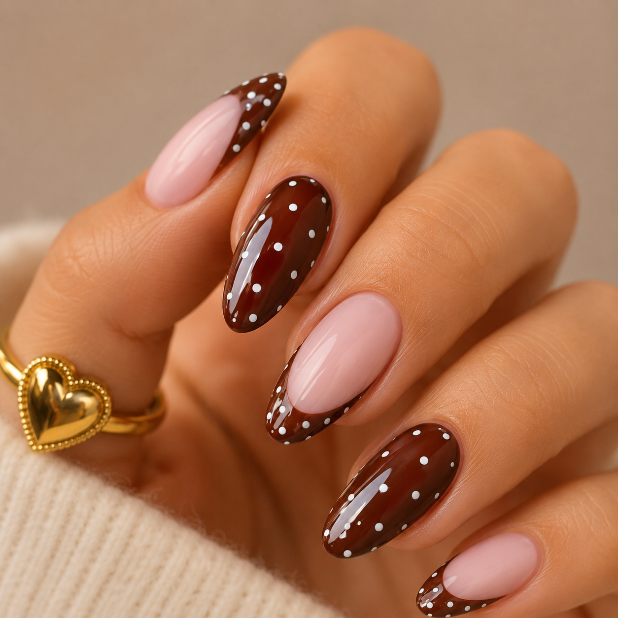 Brown White Polka Dot Pink French Almonds — Winter Almond Nails