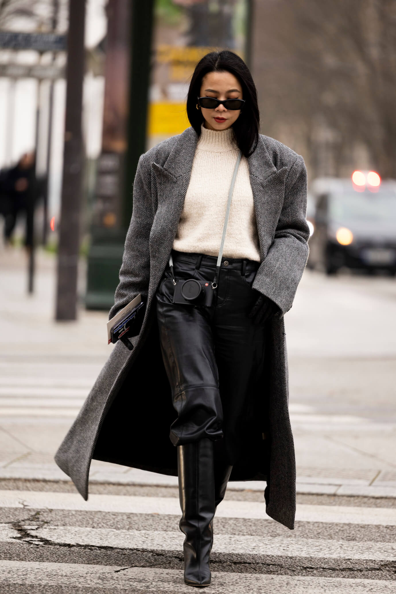 Herringbone Coat and Leather Trousers for a Chic Daytime Look — Winter Outfits