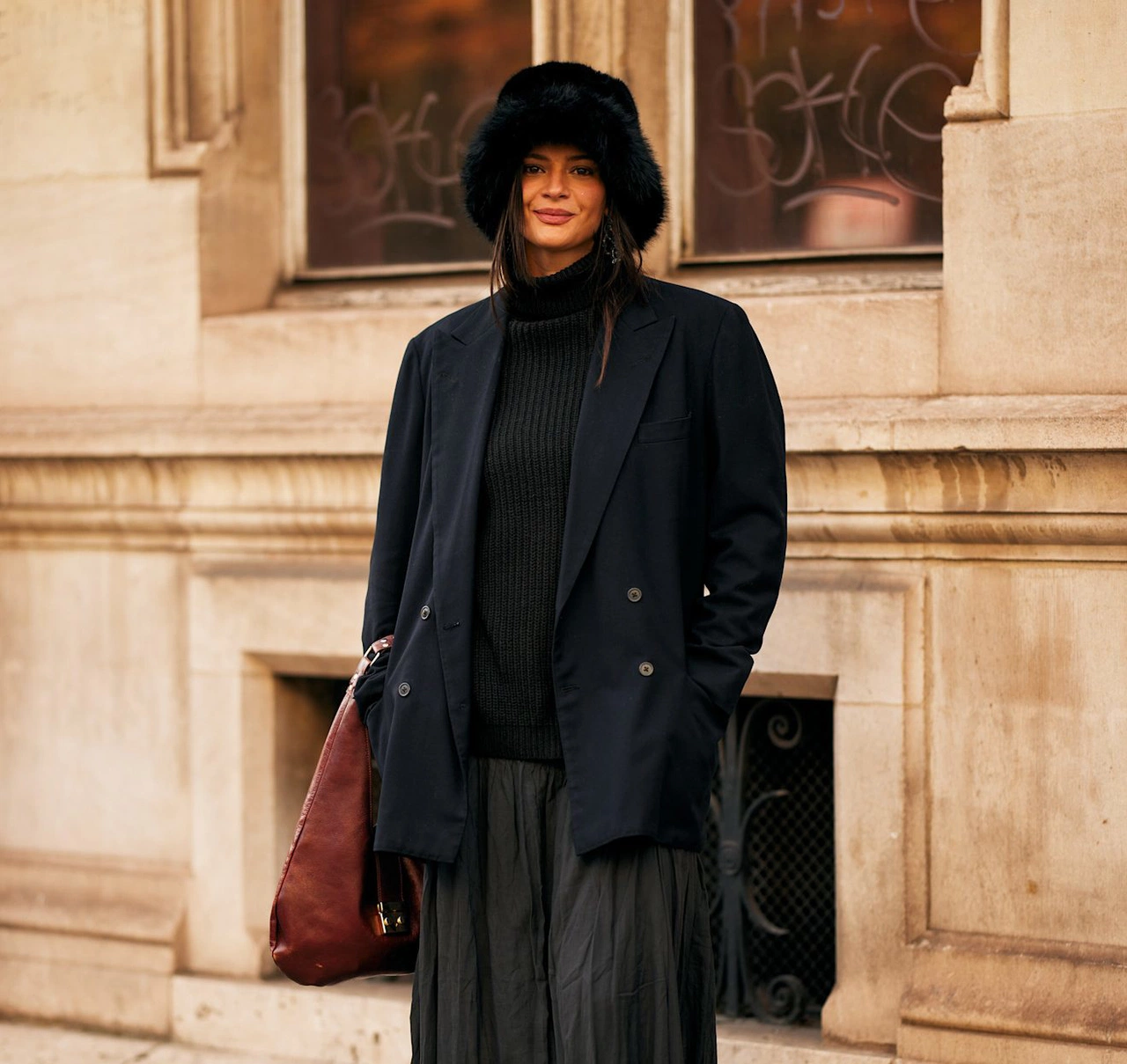 Chic Casual Layering with a Grey Fur Hat — Fur Hat Outfits