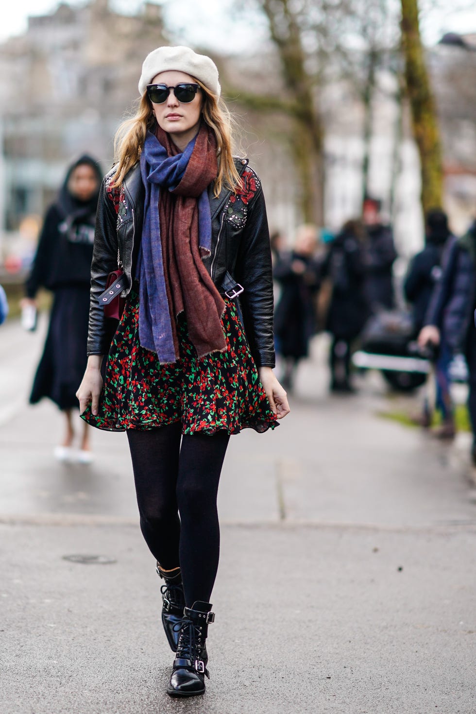 Patterned Mini Dress with Leather Jacket and Lace-up Boots — Winter Dress Outfits