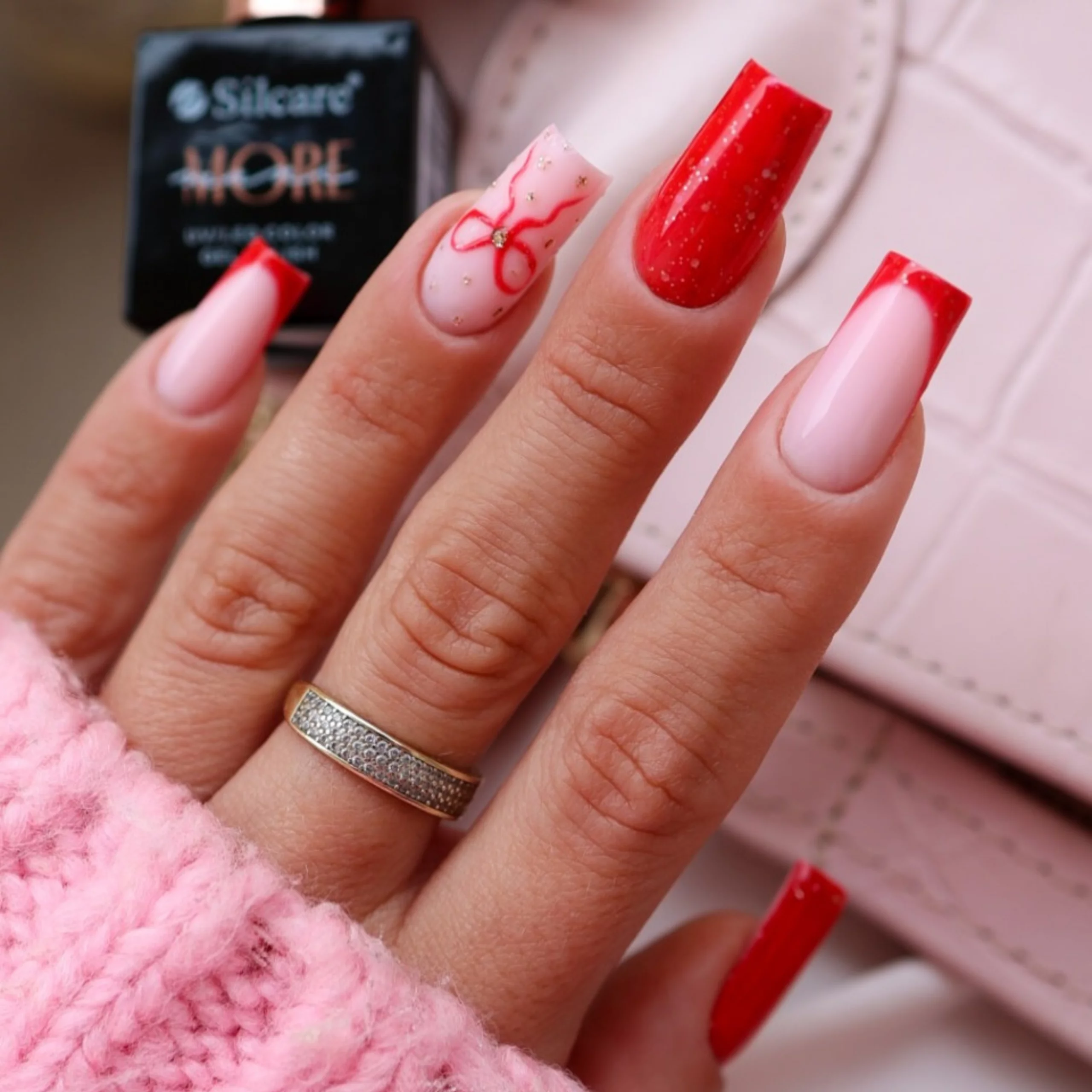 Pink Base Red French Tip Bow Nails — Winter Gel Nails