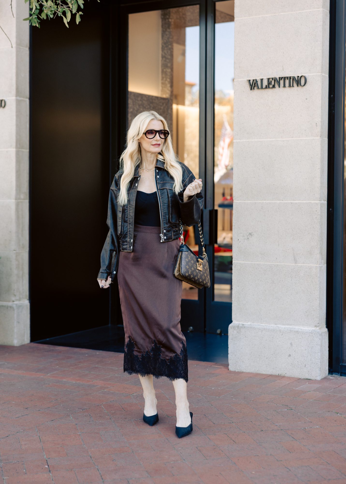 Black Leather Jacket with a Satin Midi Skirt Black Leather Jacket with a Satin Midi Skirt — Winter Outfits for Moms