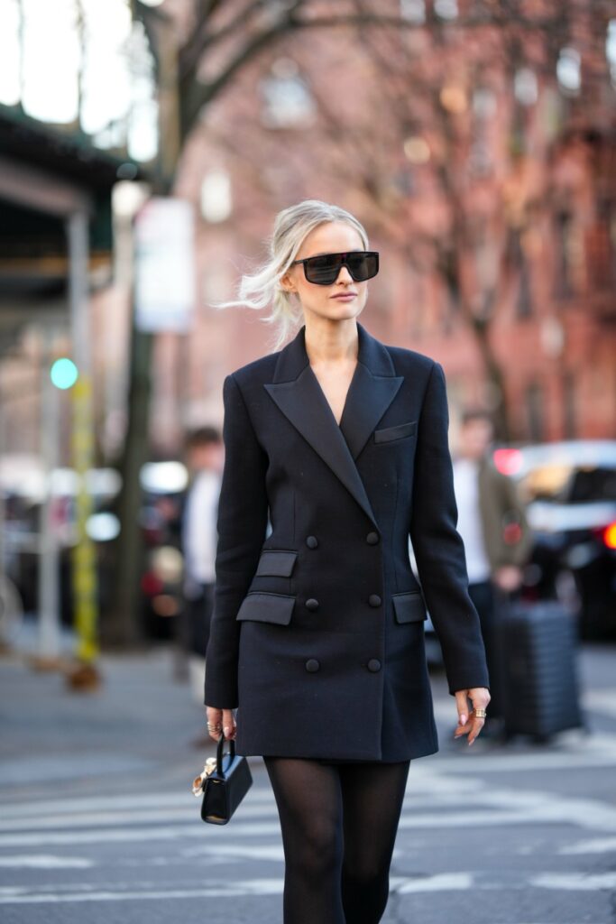 Chic Sophistication: Black Blazer Dress with Opaque Tights Chic Sophistication: Black Blazer Dress with Opaque Tights — All Black Winter Outfits