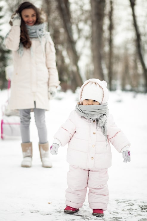 Matching Pale Pink Puffer Coats for a Sweet Winter Family Photo — Winter Family Photo Outfits