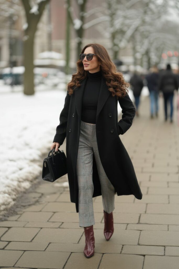Double-Breasted Wool Coat and Plaid Trousers for a Sophisticated City Outfit — Winter Outfits