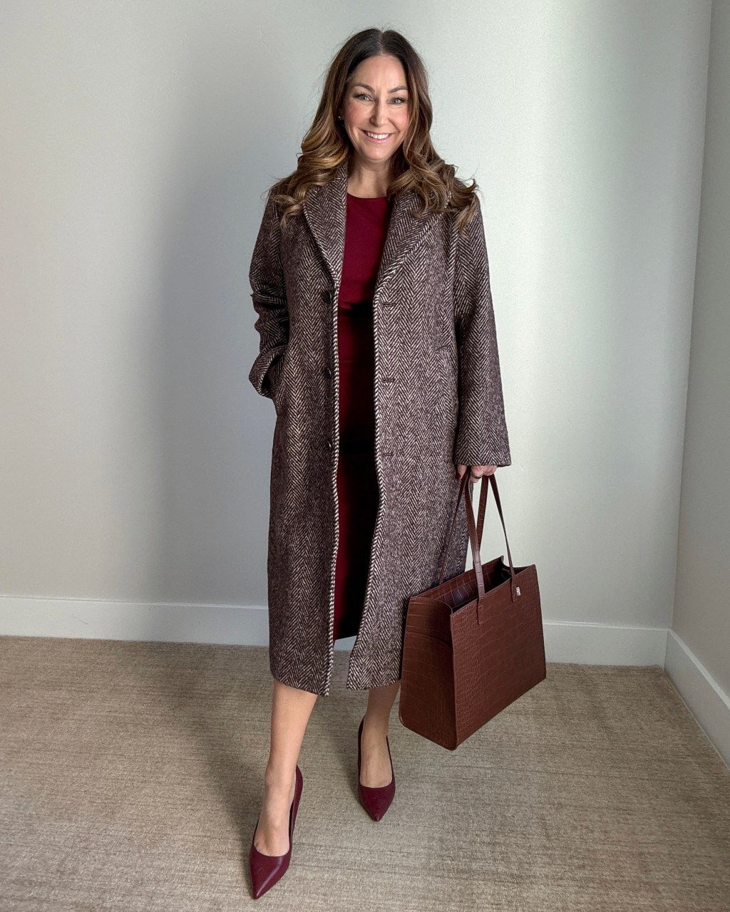 Herringbone Wool Coat and Burgundy Dress for Smart Workwear — Winter Outfits