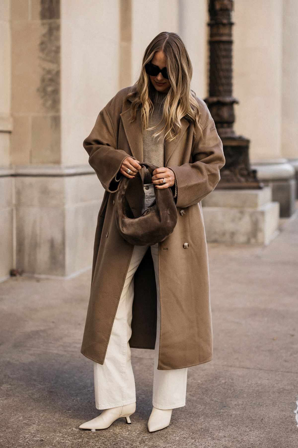 Neutral Tones: Beige Coat with Grey Turtleneck and White Trousers — Winter Outfits