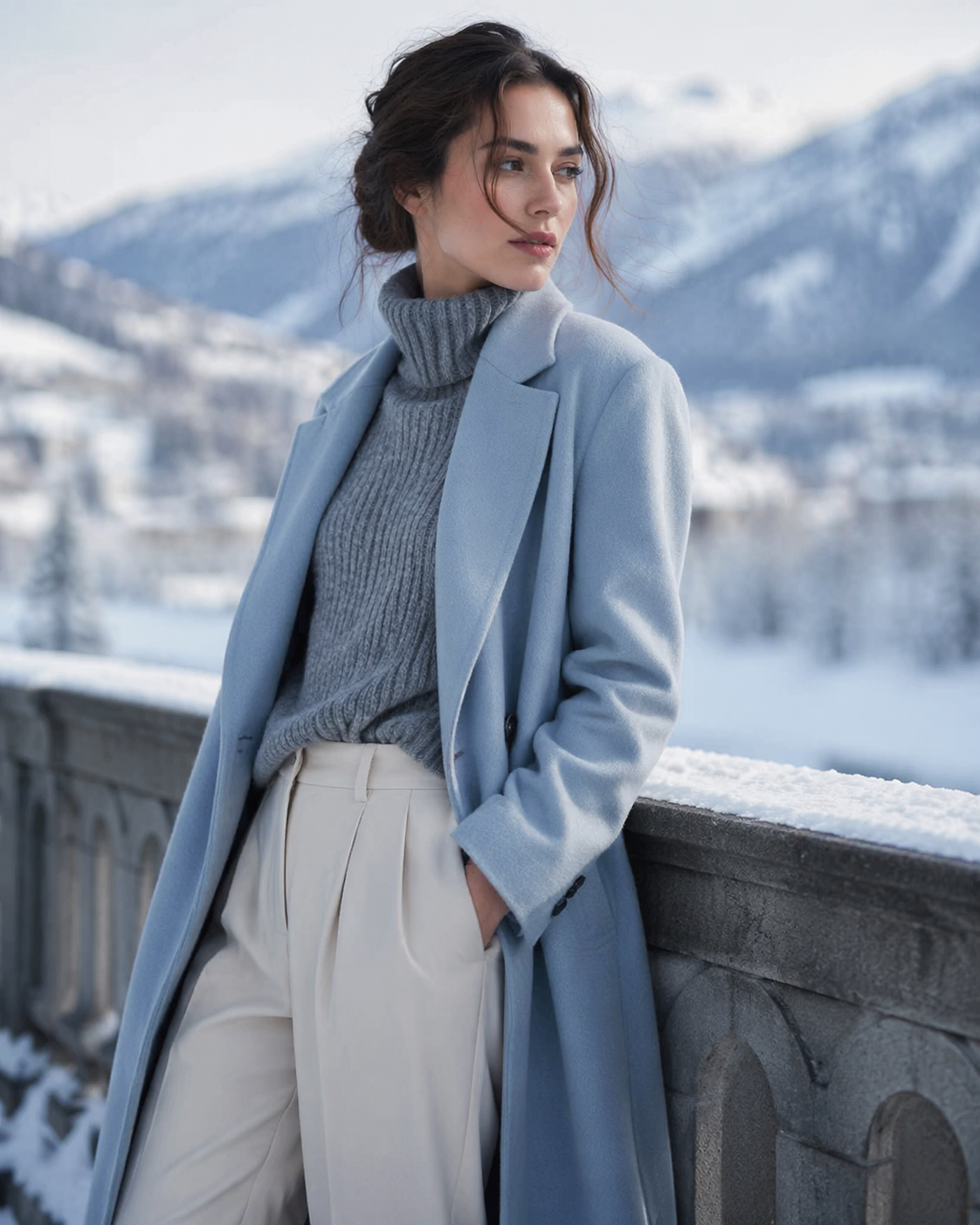 Light Blue Wool Coat Over Ribbed Turtleneck and Pleated Trousers — Casual Winter Outfits