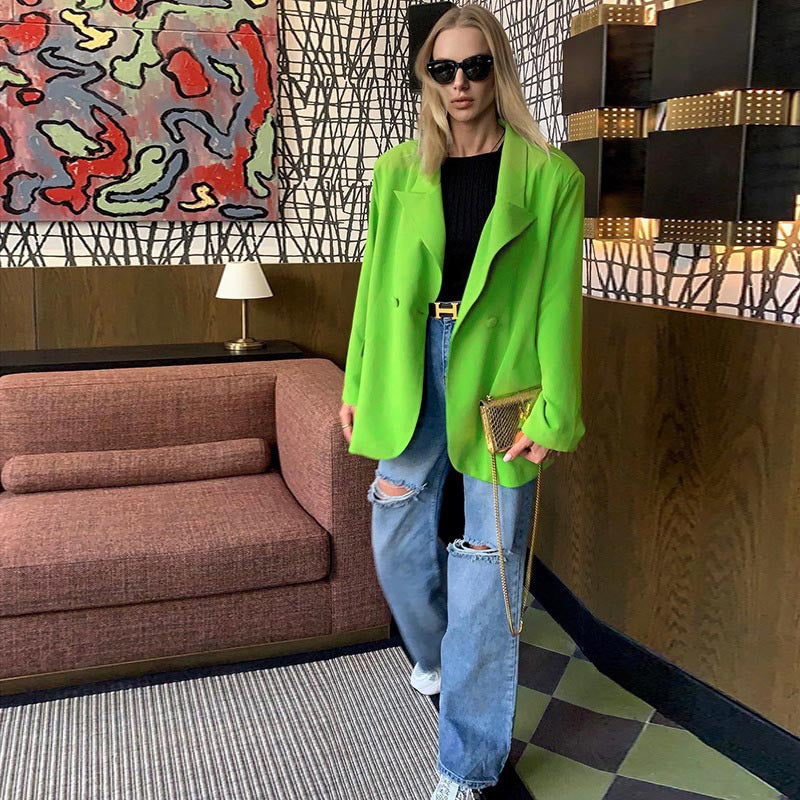 Bright Green Oversized Blazer with Ripped Jeans and White Sneakers — Casual Winter Outfits