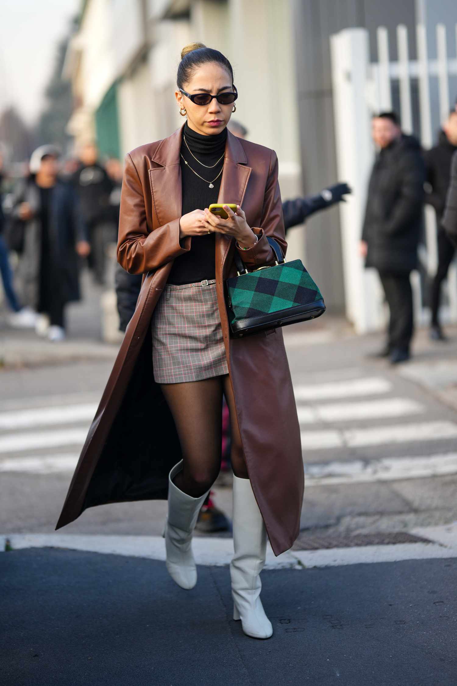 Brown Faux Leather Trench Coat Over Mini Skirt and Turtleneck Brown Faux Leather Trench Coat Over Mini Skirt and Turtleneck — Winter Work Outfits