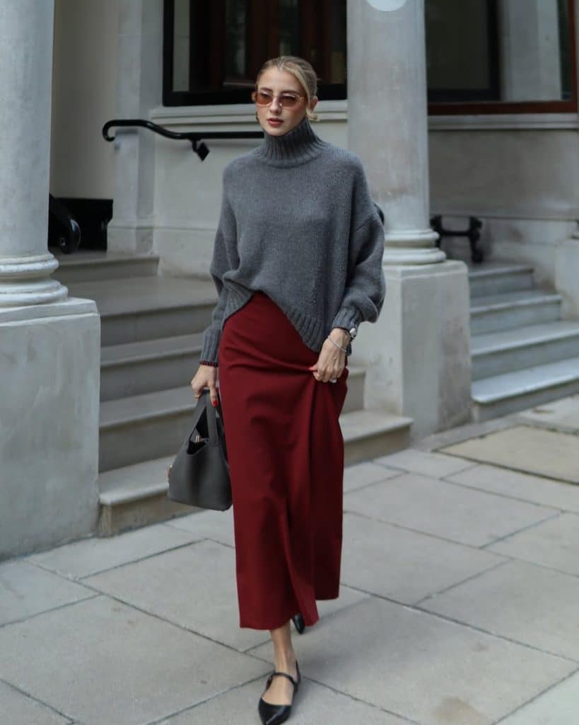 Oversized Grey Turtleneck with Burgundy Satin Skirt for Contrasting Textures Oversized Grey Turtleneck with Burgundy Satin Skirt for Contrasting Textures — Winter Work Outfits