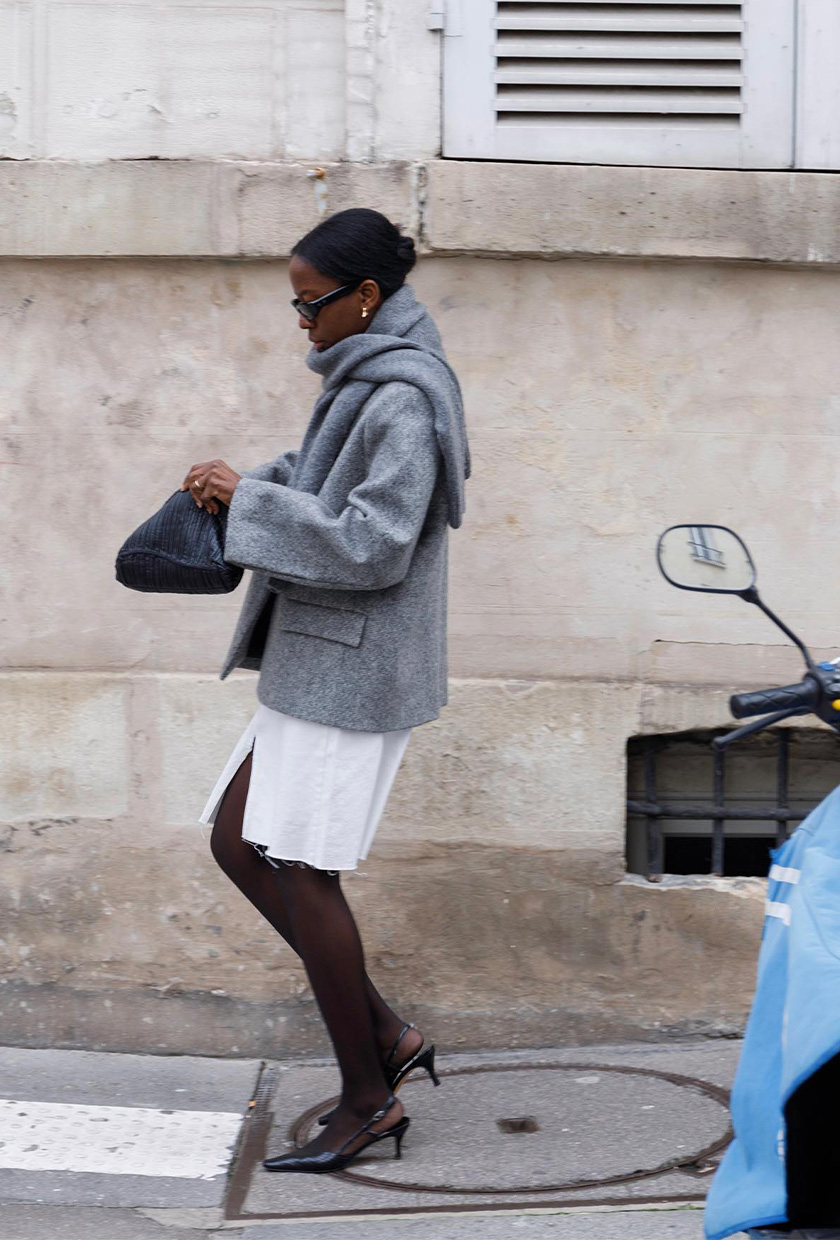 Hooded Wool-Blend Jacket Over White Dress for a Chic Winter Look Hooded Wool-Blend Jacket Over White Dress for a Chic Winter Look — Winter Work Outfits