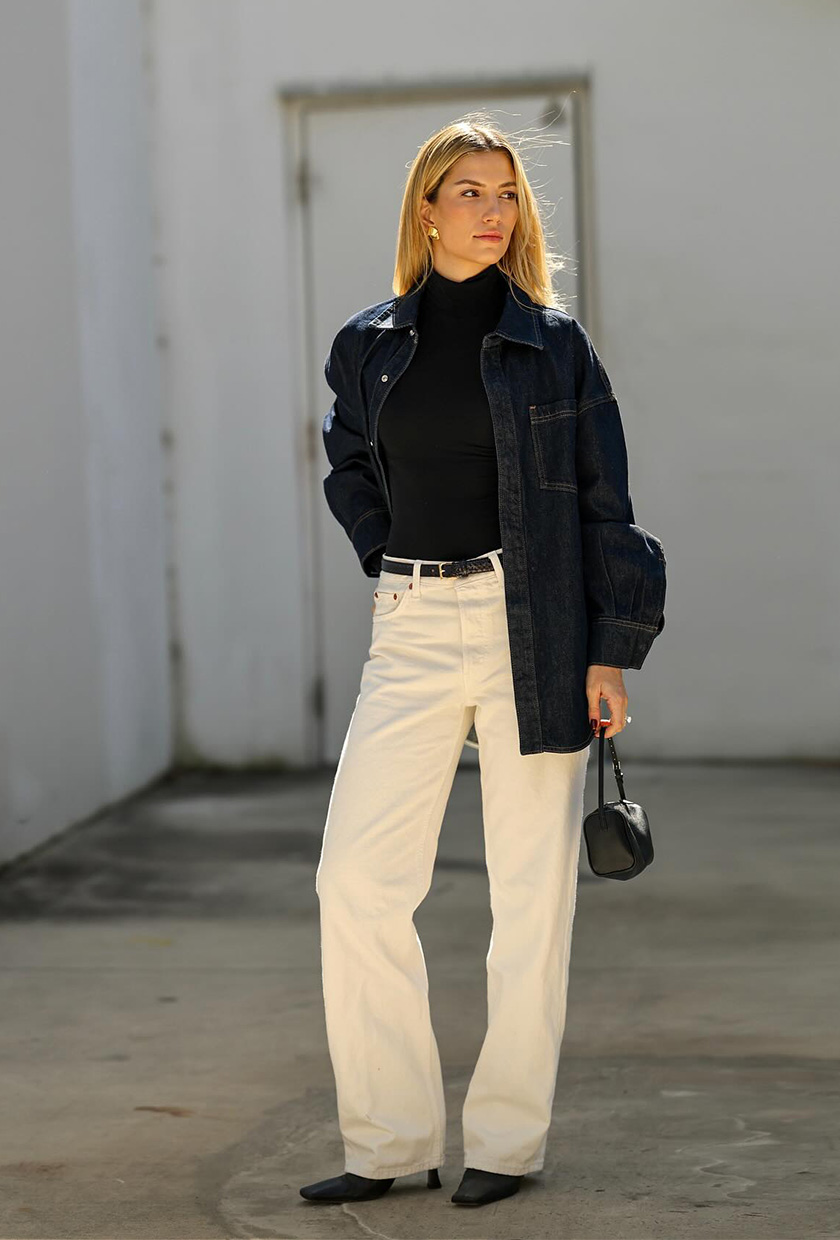 Denim Shirt Jacket Over Turtleneck with Wide-Leg Trousers Denim Shirt Jacket Over Turtleneck with Wide-Leg Trousers — Winter Work Outfits
