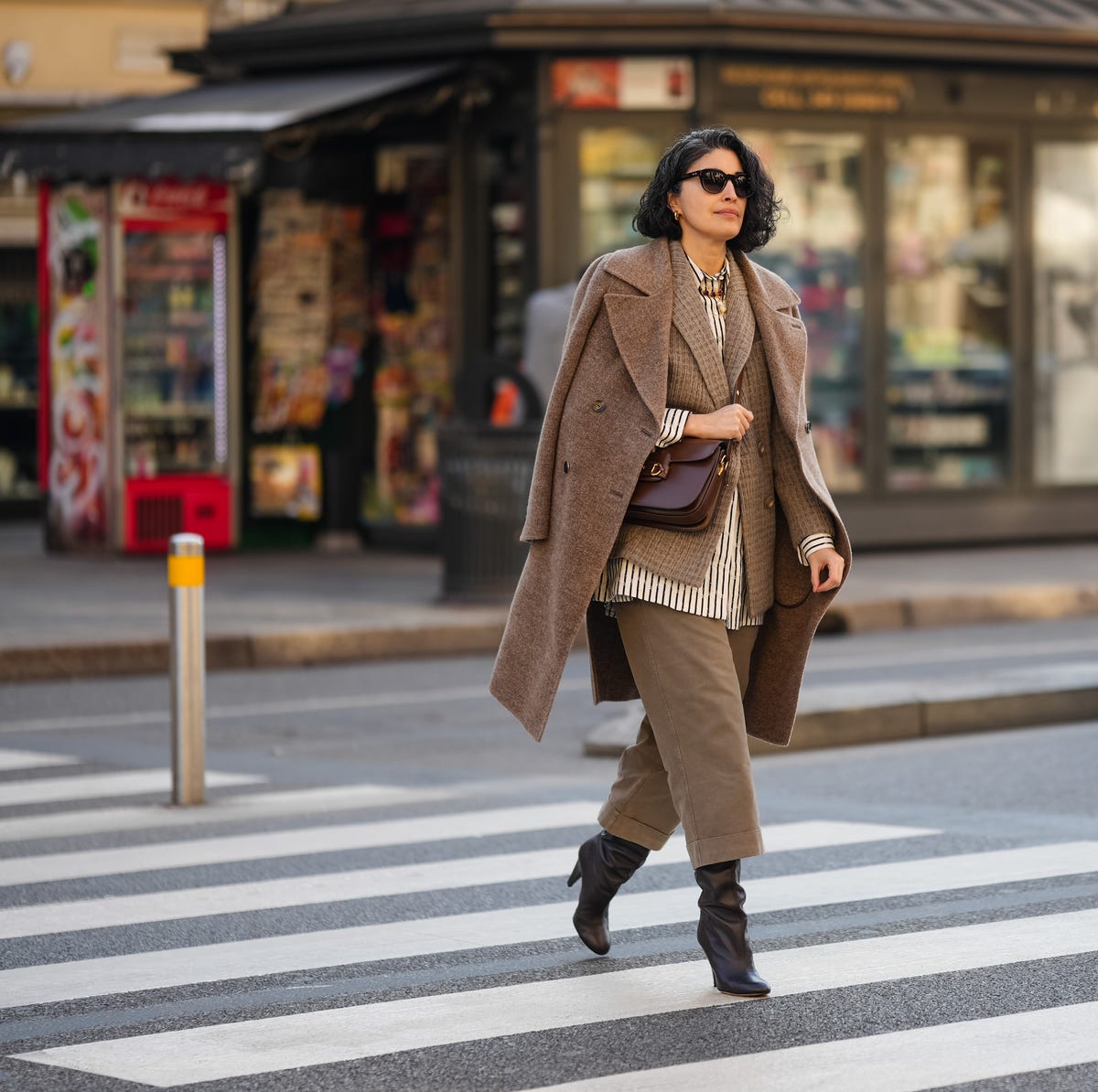 Draped Brown Coat Over Striped Shirt and Tailored Trousers Draped Brown Coat Over Striped Shirt and Tailored Trousers — Winter Work Outfits