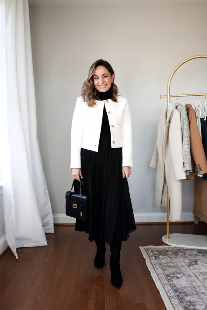 Cropped Tweed Jacket Over Black Turtleneck and Midi Skirt Cropped Tweed Jacket Over Black Turtleneck and Midi Skirt — Winter Work Outfits