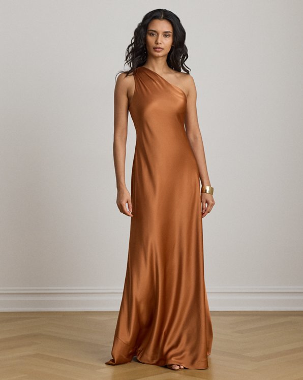 Bronze Satin One-Shoulder Dress for Evening Elegance Bronze Satin One-Shoulder Dress for Evening Elegance — Winter Birthday Outfits