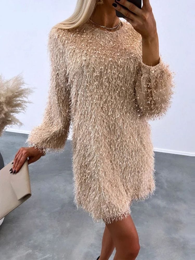 Beige Shaggy Knit Mini Dress with Metallic Flecks Beige Shaggy Knit Mini Dress with Metallic Flecks — Winter Birthday Outfits