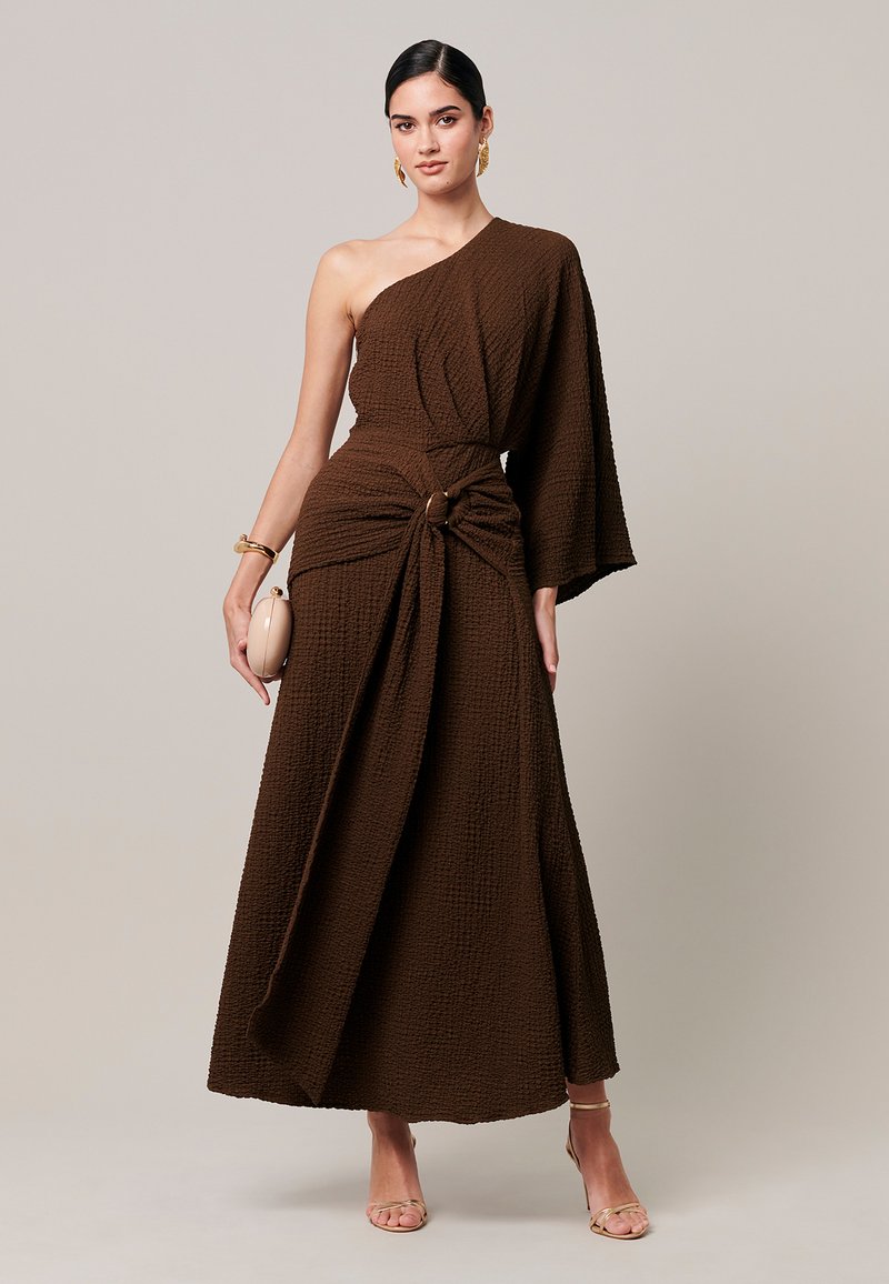 Deep Brown One-Shoulder Dress with Knotted Waist Deep Brown One-Shoulder Dress with Knotted Waist — Winter Birthday Outfits