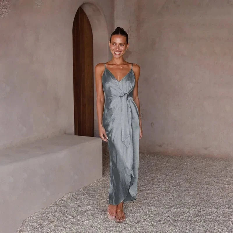 Elegant Grey Satin Slip Dress for Winter Evenings Elegant Grey Satin Slip Dress for Winter Evenings — Winter Birthday Outfits