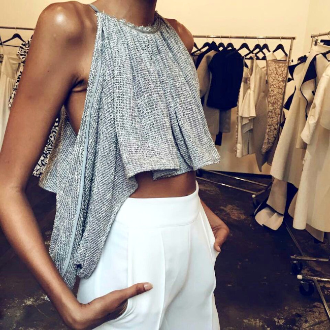 Tweed Halter Top with Wide-Leg Crepe Trousers Tweed Halter Top with Wide-Leg Crepe Trousers — Winter Birthday Outfits