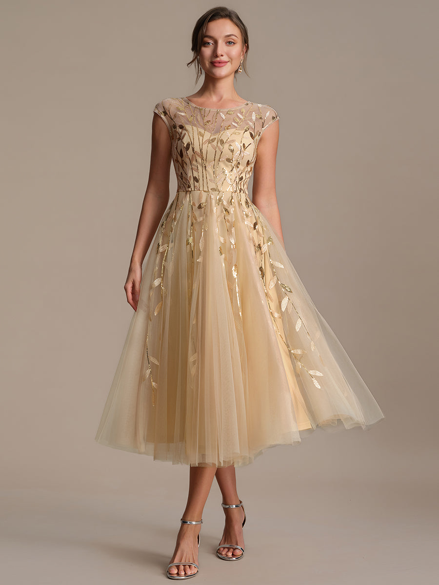 Champagne Gold Midi Dress with Sequined Cap Sleeves Champagne Gold Midi Dress with Sequined Cap Sleeves — Winter Birthday Outfits