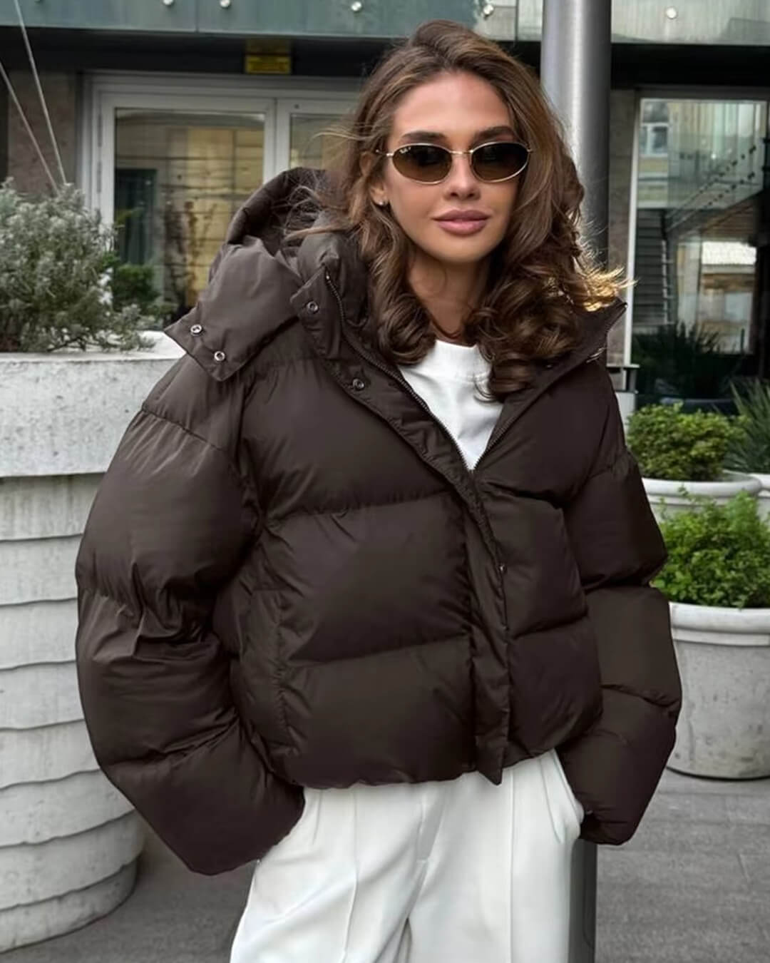 Textured Brown Puffer Jacket with Wide-Leg Trousers — Winter Puffer Jacket Outfits