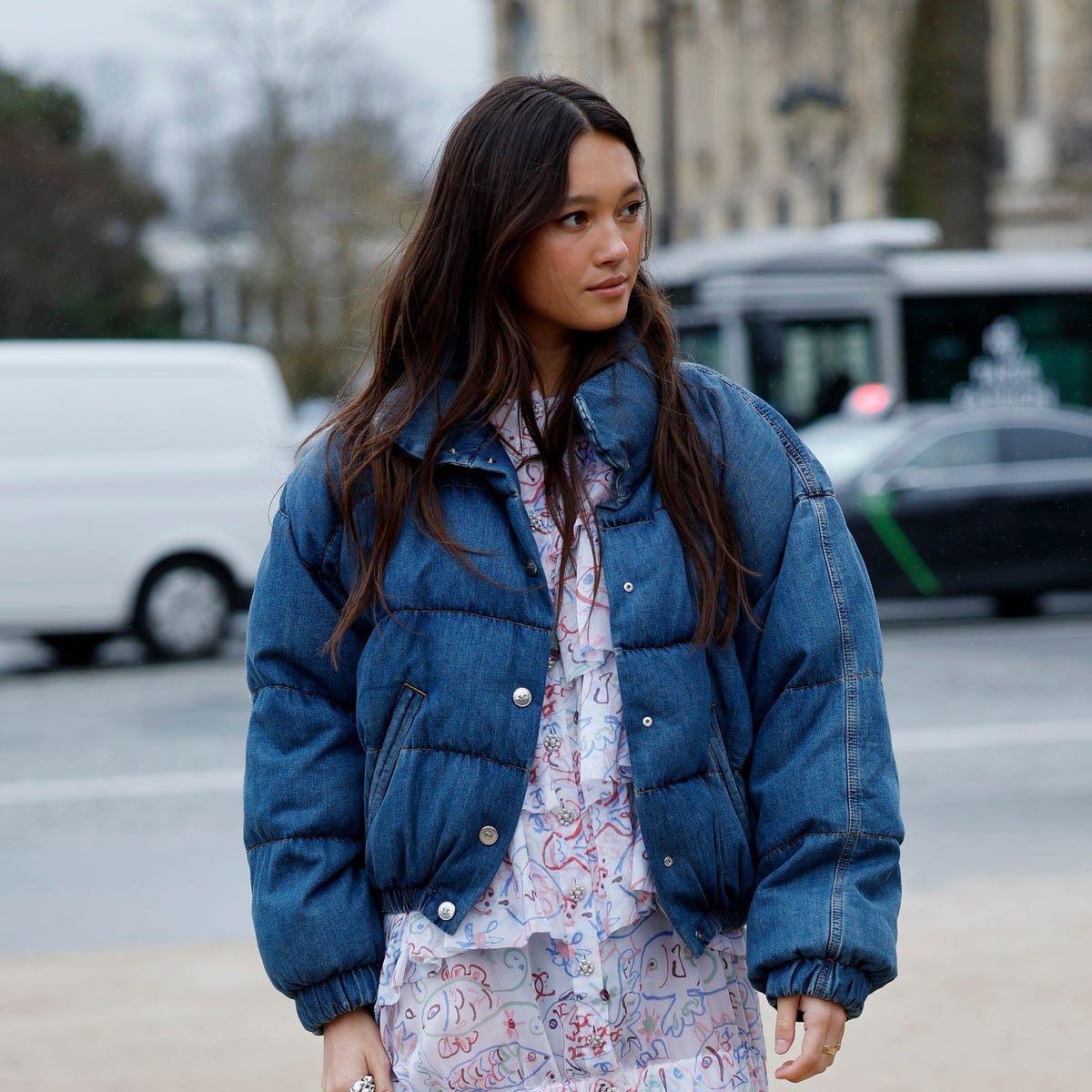 Denim Puffer Jacket with a Printed Dress — Winter Puffer Jacket Outfits