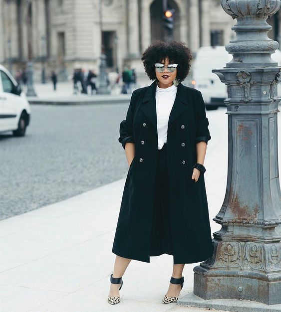Chic Black Coat with White Turtleneck and Leopard Heels Chic Black Coat with White Turtleneck and Leopard Heels — Winter Outfits for Plus Size Women