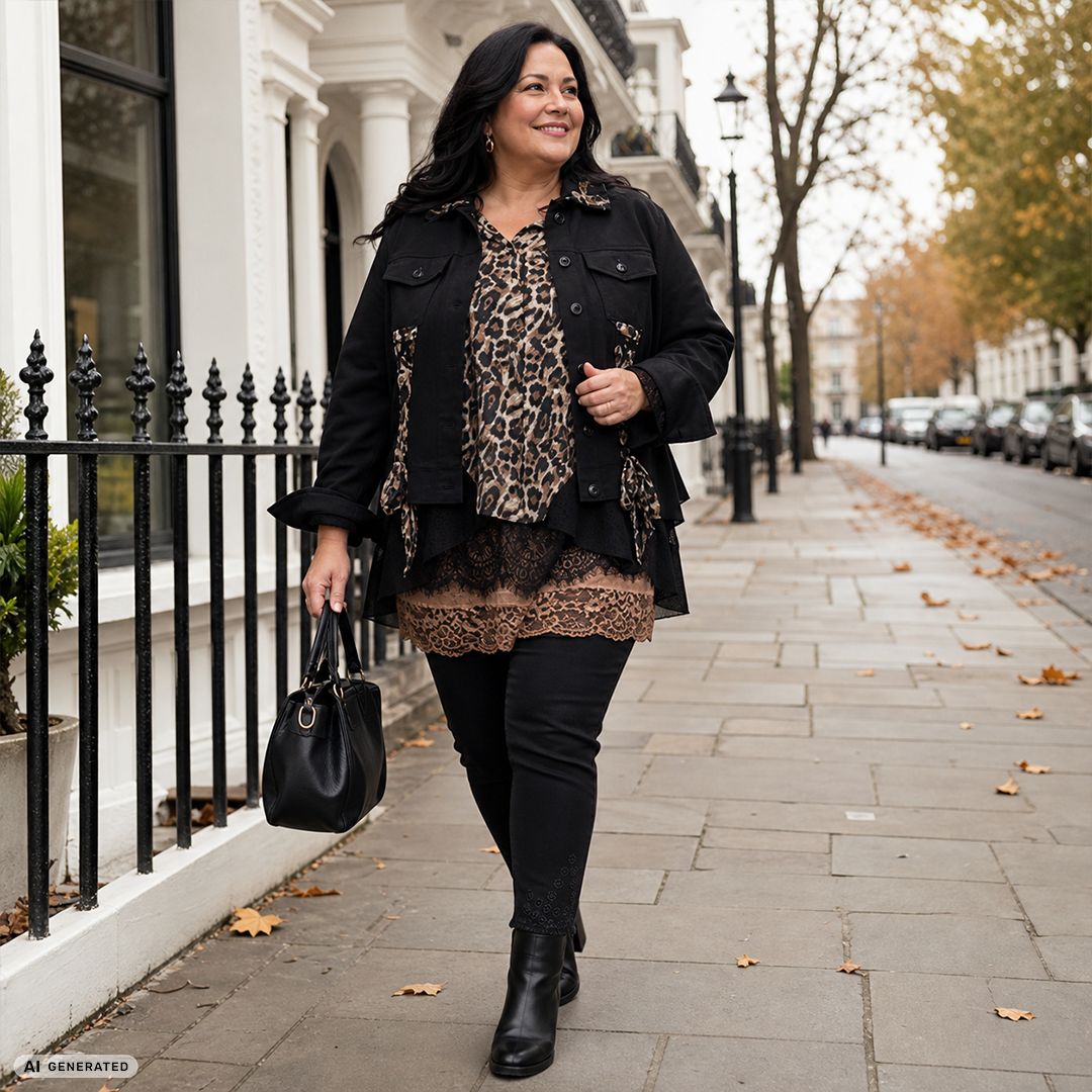 Edgy Denim Jacket with Leopard Print Edgy Denim Jacket with Leopard Print — Winter Outfits for Curvy Women