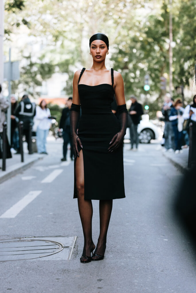 Black Midi Dress with Sheer Gloves for Evening Black Midi Dress with Sheer Gloves for Evening — Winter Outfits for Black Girls