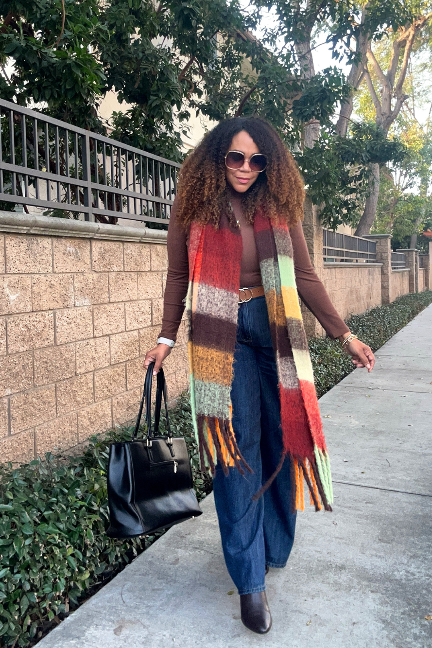 Striped Scarf Adds Color to a Casual Brown Knit and Denim Look Striped Scarf Adds Color to a Casual Brown Knit and Denim Look — Winter Outfits for Women Over 40