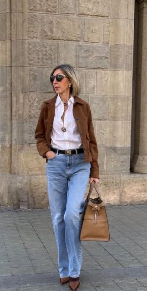Brown Suede Jacket with White Shirt and Straight-Leg Jeans Brown Suede Jacket with White Shirt and Straight-Leg Jeans — Winter Outfits for Women Over 60
