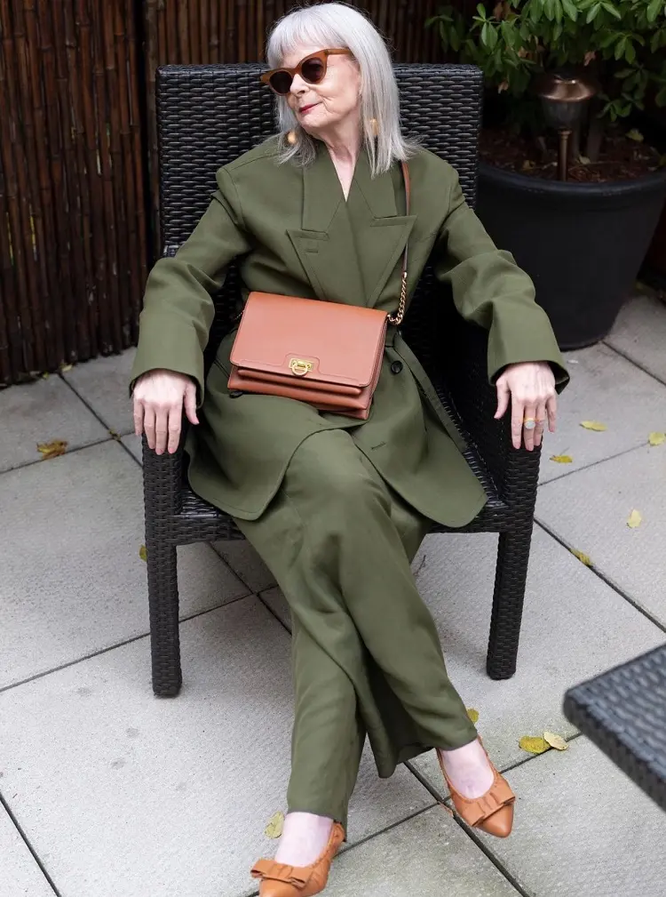Sophisticated Olive Green Wool Blend Suit for Smart Casual Wear Winter Outfits for Women Over 60