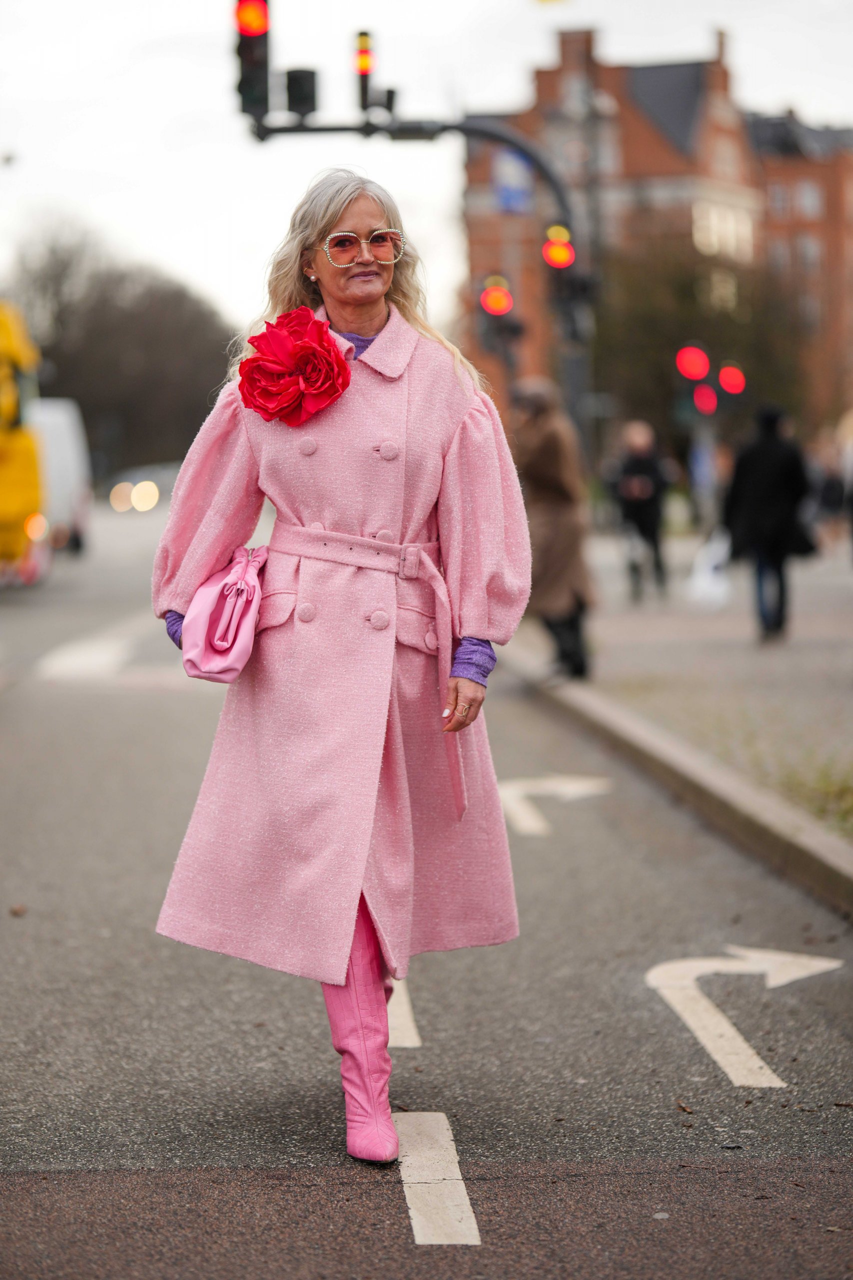 Vibrant Pink Tweed Coat with Purple Turtleneck and Knee-High Boots Vibrant Pink Tweed Coat with Purple Turtleneck and Knee-High Boots — Winter Outfits for Women Over 60