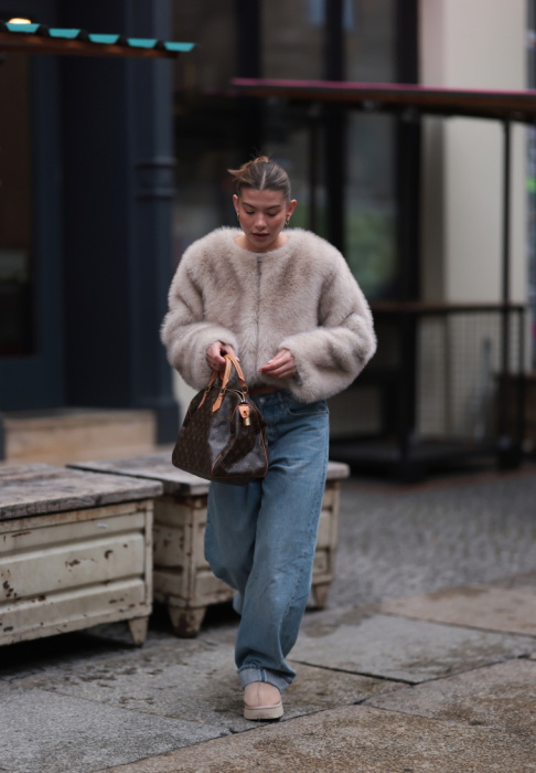 Cropped Faux Fur Jacket with Wide-Leg Jeans — Cute Winter Outfits