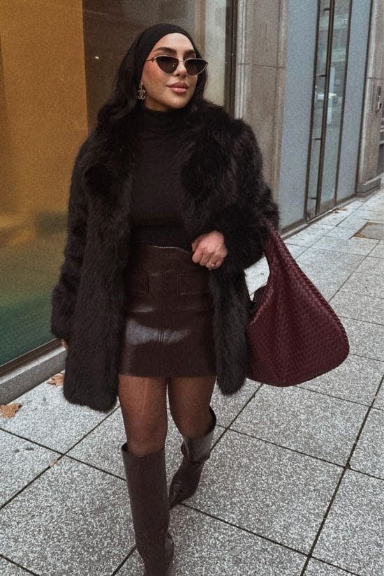 Voluminous Faux Fur: Mini Skirt and Turtleneck Ensemble Voluminous Faux Fur: Mini Skirt and Turtleneck Ensemble — Dressy Winter Outfits