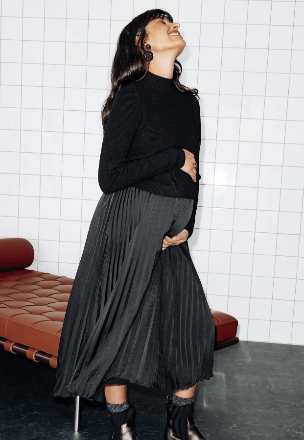 Ribbed Knit Mock Neck with Flowing Satin Skirt — Late Winter Outfits