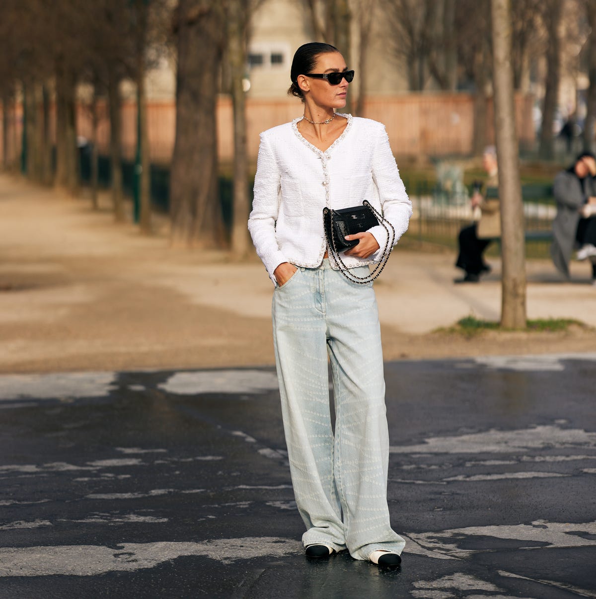 White Tweed Jacket with Pearl Buttons and Wide-Leg Denim White Tweed Jacket with Pearl Buttons and Wide-Leg Denim — Winter to Spring Transition Outfits