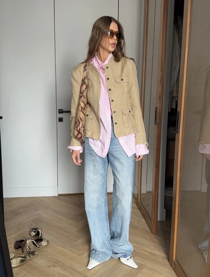Beige Linen Jacket Over a Pink Shirt and Wide-Leg Jeans Beige Linen Jacket Over a Pink Shirt and Wide-Leg Jeans — Winter to Spring Transition Outfits