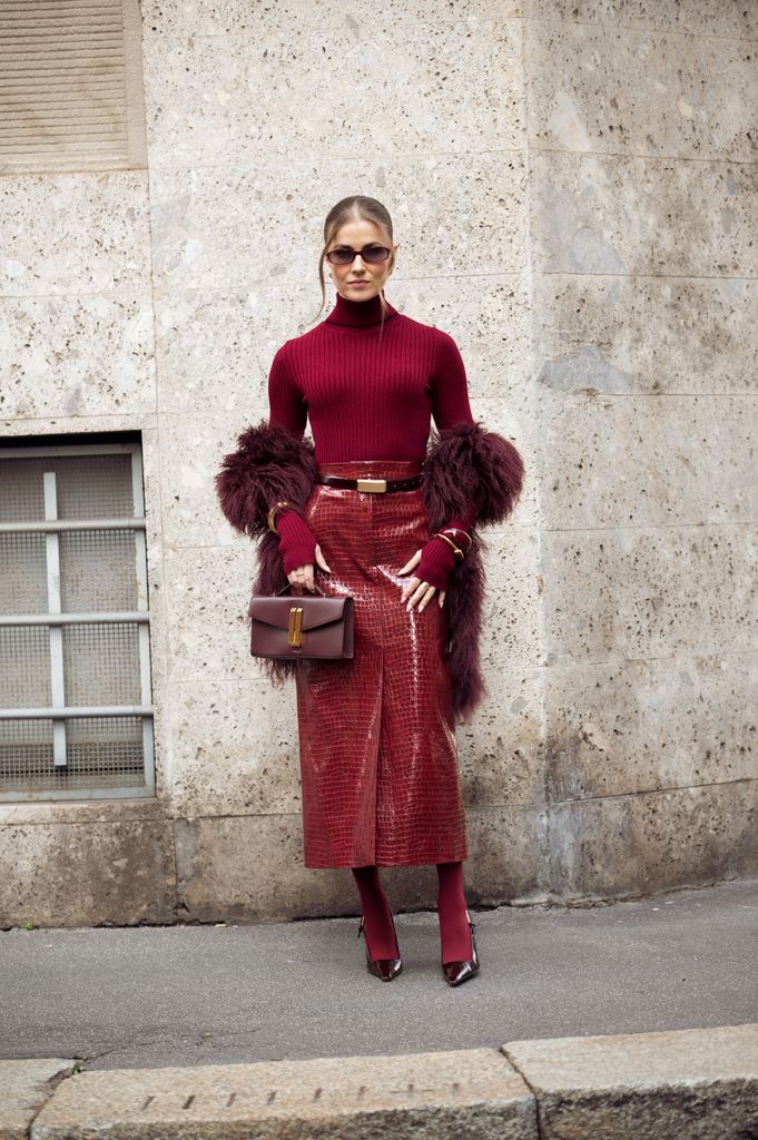 Burgundy Turtleneck with Patent Leather Midi Skirt and Faux Fur Stole Burgundy Turtleneck with Patent Leather Midi Skirt and Faux Fur Stole — Winter to Spring Transition Outfits