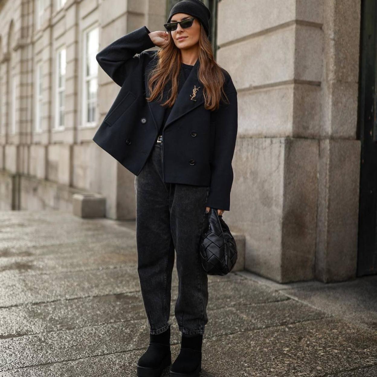Black Double-Breasted Jacket with Grey Denim and Platform Boots Black Double-Breasted Jacket with Grey Denim and Platform Boots — Winter to Spring Transition Outfits