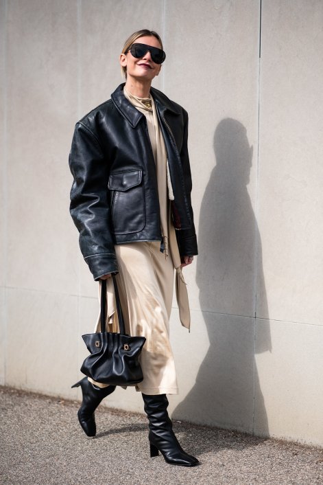 Oversized Leather Bomber Jacket with Satin Slip Dress Oversized Leather Bomber Jacket with Satin Slip Dress — Winter Date Night Outfits